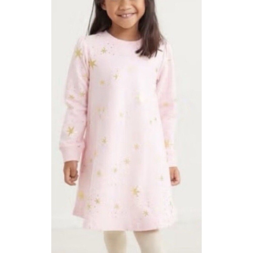 Hanna Andersson Pink Long Sleeve Pocket Dress/Gold Foil Star Print Size 6/7